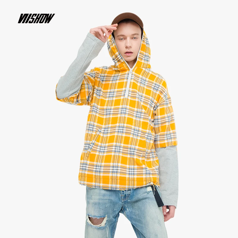 

VIISHOW New design hoodie shirt men brand-clothing fashion Plaid shirt male top quality Patchwork casual shirts Yellow CC1730183