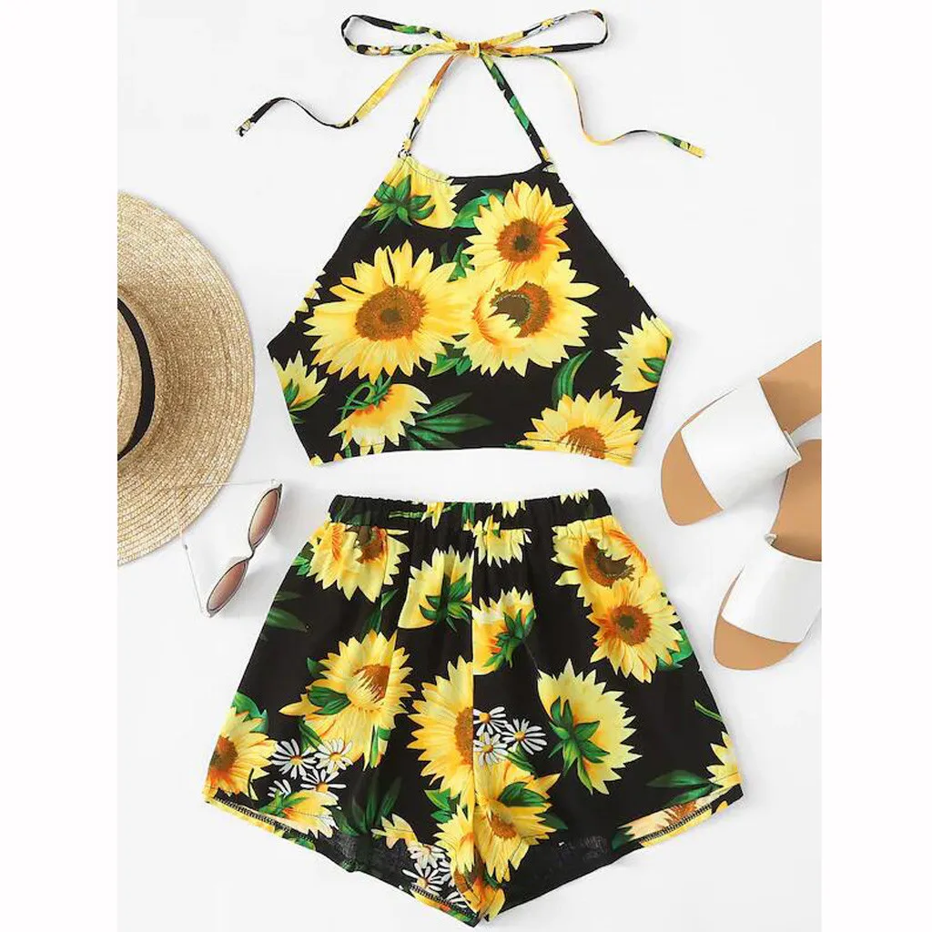 

2019 Brand New 0-24M Summer Infant Baby Girls Clothes 2PCS Sunflowers Print Back Belt Vest Tops+Shorts Or Romper+Headband#p5