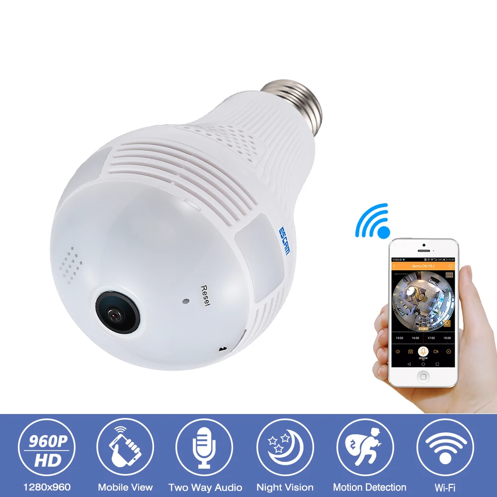 

Escam QP136 360 Degree Panoramic Bulb Light CCTV Security Surveillance HD-960P Wireless IP Wifi Camera 2-Way Audio Night Vision