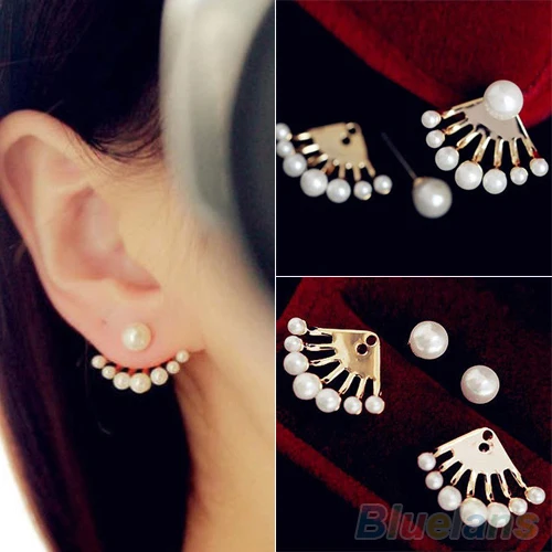 Fashion Womens Rhinestone Faux Pearl Front /& Back Earrings Ear Studs Silver Earbobs