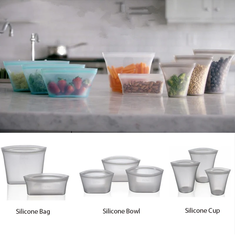 2/3Pcs Silicone Food Storage Containers Zip Top Leakproof Fresh Bowl Reusable Stand Up Zips Shut Bag Fruit Vegetable Sealed Cup
