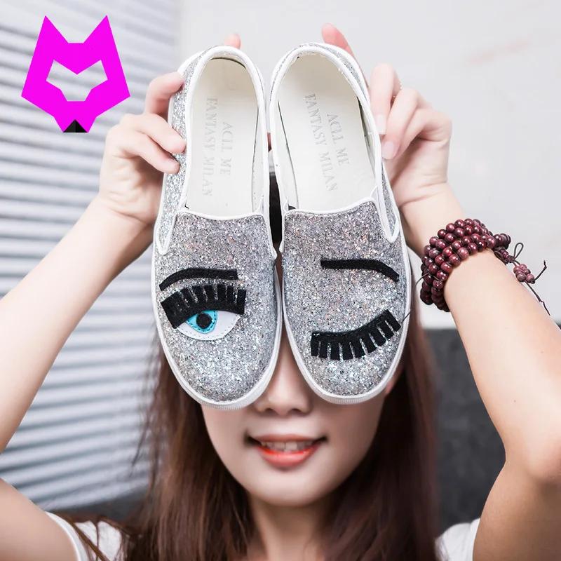 Wolf Who 2017 Chiara Ferragni flats round toe zapatos mujer Glitter Eyelash flats Espadrilles Blink eye