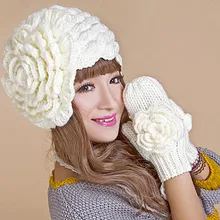 Зима Теплая Шапочка и Перчатки Костюм Ручной Вязания Крючком Hat Шапки Перчатки с Большой Цветок