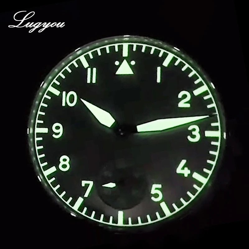 Lugyou San Martin, бронзовые Мужские часы-пилот, ручная обмотка, Чайка, 6498 сапфир, кожаный ремешок C3, зеленый, светящийся, 44 мм, со скелетом сзади