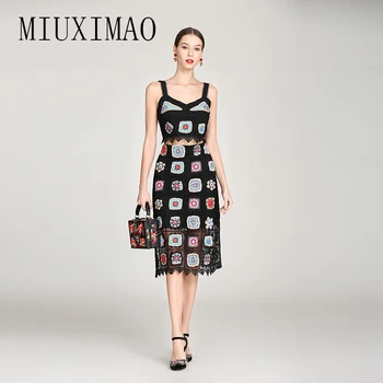 

High Quality 2019 Spring & Summer Arrival Fashion Suit Sets 2 Piece O-Neck Sleeveless Hollow Out Lace Floral Women's Suit Women