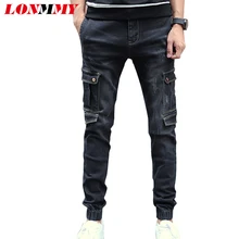 LONMMY Denim overalls mens jeans Multi-pocket Casual trousers cowboy Skinny jeans men Military Fashion Slim fit Small bottom2017