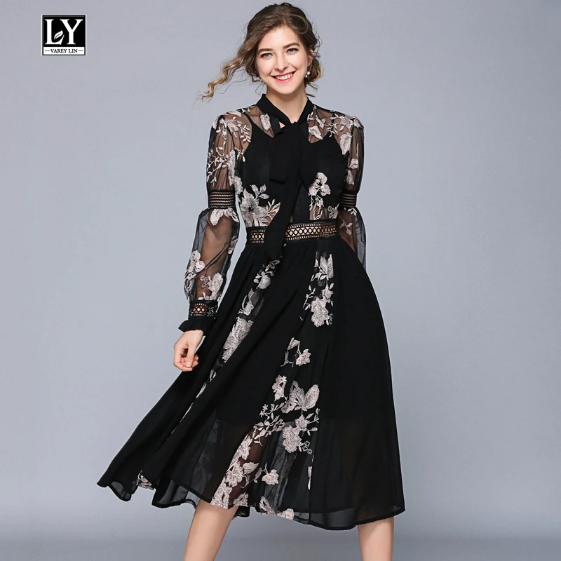 

Ly Varey Lin Spring Women Lace Dress Lantern Sleeve Embroidery Floral Print Lace Hollow Out Female Black Chiffon Party Dress