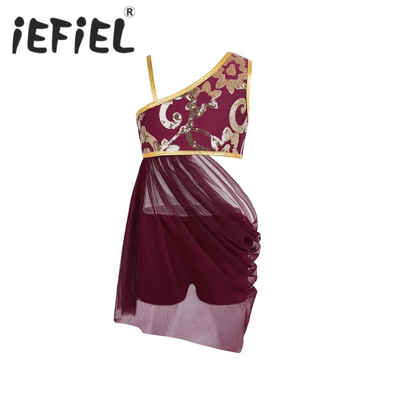 

Child Kid Girls Floral Sequins Top Side Waist Open Drap Skirt with Separated Bottoms Set for Lyrical Modern Contemporary Dance