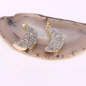 

6PCS Gold color Crescent Moon Pendant Charms, Gray / Beige color Titanium Quartz Bezel Stone Pendant