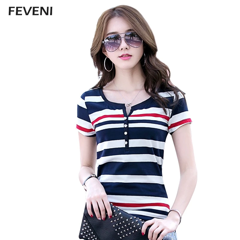 

Summer Button Deep V Neck Wide Striped Slim Plus TShirt Women Casual T-Shirt Cotton T Shirt Tee Tops Poleras De Mujer 4XL Y03286