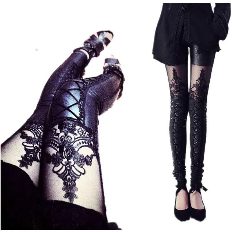 

New Black Punk Gothic PU leggings Leather Pants Stitching Embossed Lace Leggings For Women, Fashion Hollow Sheer Sexy Leggings