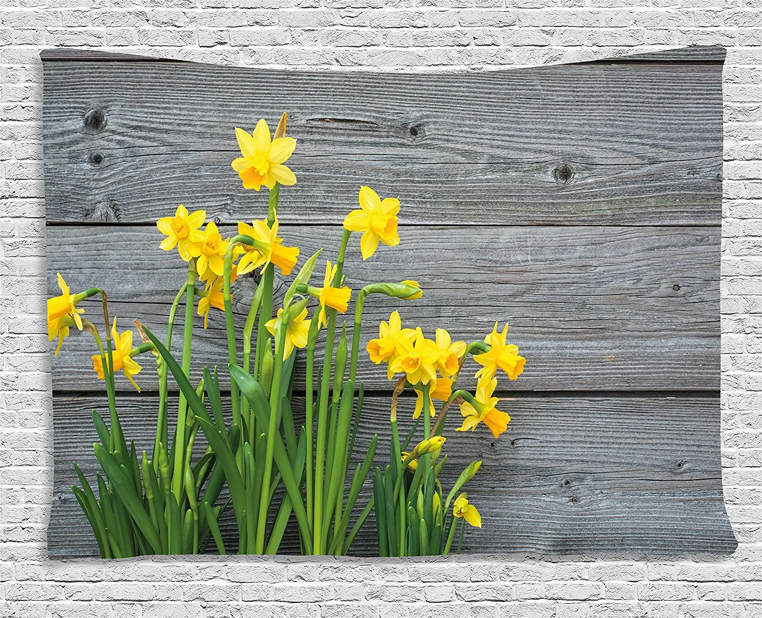 Yellow Flower Tapestry Bouquet of Daffodils on Wood Planks Gardening