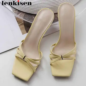 

Lenkisen real cow leather stiletto med heels peep square toe women sandals elegant lady slip on dinner party streetwar shoes L13