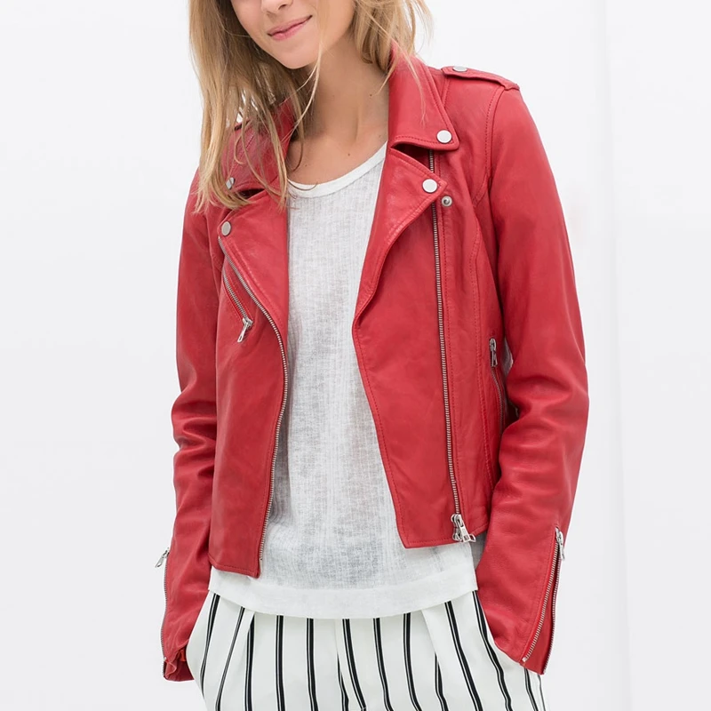Зимнее пальто для женщин, мотоциклетная куртка из искусственной кожи, женская верхняя одежда на молнии, красная, черная, с заклепками, Женская Повседневная байкерская куртка