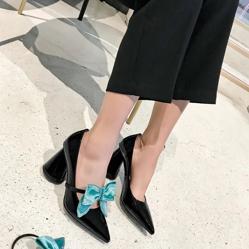 MStacchi Spring New Fashion Patent Leather Women Pumps Super High Heels Pointed Toe Slip-On Sweet Bowtie Party Shoes Women Shoes