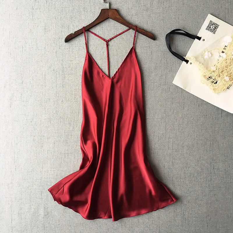 

MECHCITIZ 2019 backless sexy silk women's nightgowns summer sleeveless satin straps nightdress thin style V-neck sleepwear dress