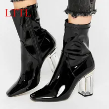 LTTL Для женщин полусапожки из лакированной кожи Острый носок perspex каблук 9 см Clear не сужающийся к низу каблук Модельная обувь