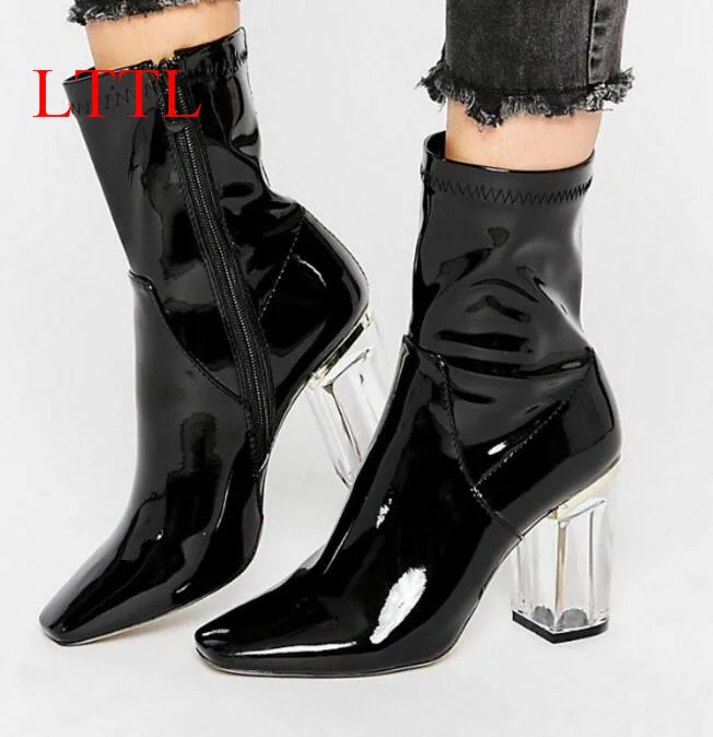 LTTL Women Patent Leather Ankle Boots Pointed Toe perspex heel 9cm Clear Chunky Heels 2017 Designer shoes