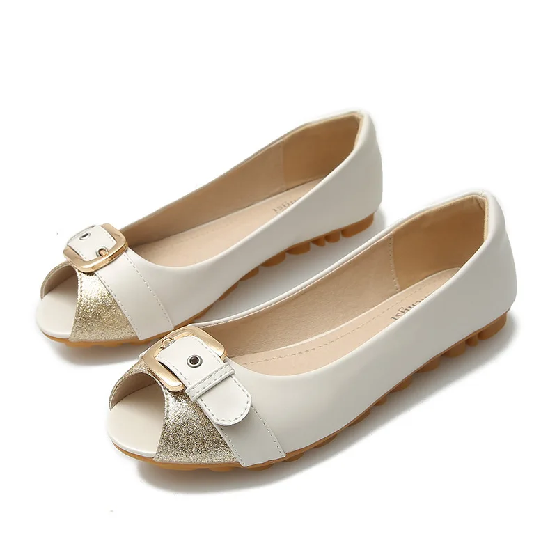 Летняя обувь; женские водонепроницаемые мокасины на плоской подошве; милые элегантные туфли с открытым носком; модная женская обувь на плоской подошве с пряжкой для учащихся; размеры 34-43 - Цвет: white