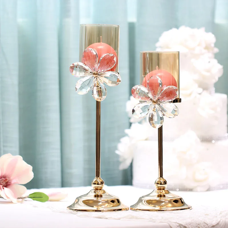

Flower crystal tea light holder Tabletop golden candle stand Festival candlestick Home decoration Wedding gifts