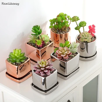 

2019 Electroplated Ceramic Flower Pot Rose Gold Silver With Tray Succulent Flower Pot Plant Home Garden Office Desktop Decorion