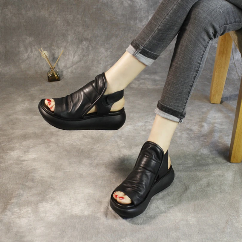 Летние женские босоножки из натуральной кожи удобные женские туфли ручной работы на среднем каблуке с мягкой резиновой подошвой в стиле ретро;
