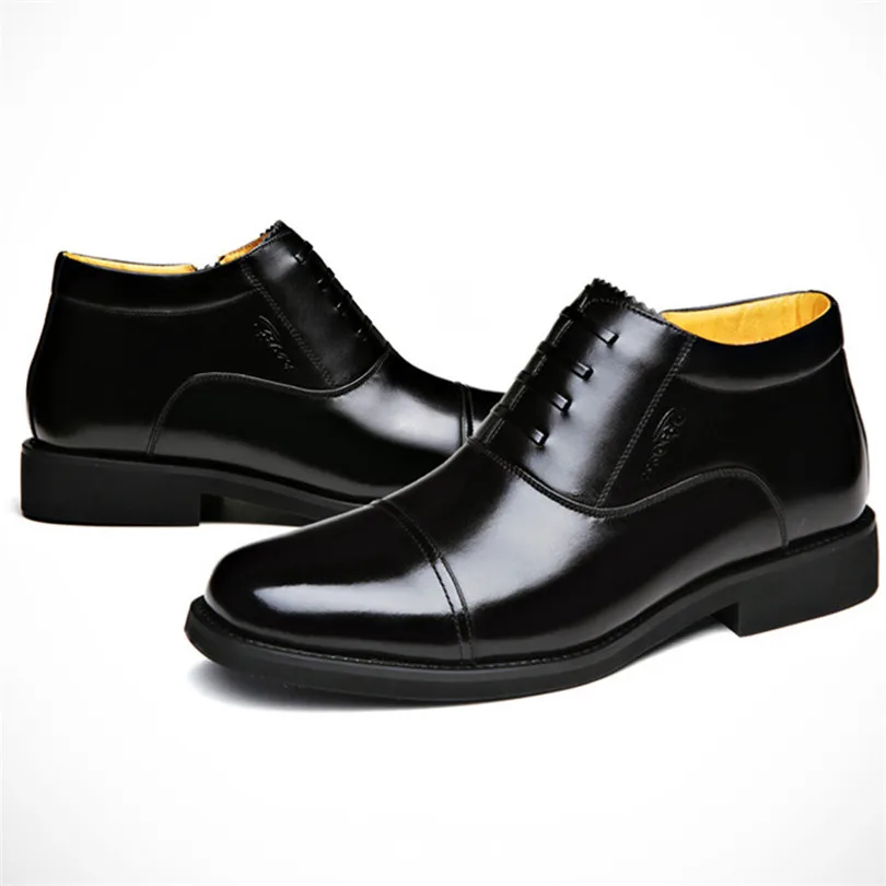 LIN KING/черные теплые плюшевые мужские ботинки из натуральной кожи, без шнуровки, с высоким берцем, зимние деловые модельные туфли, обувь с хлопковой подкладкой размера плюс