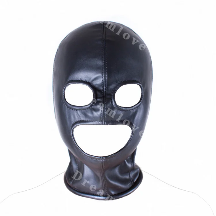 

Black Leather Open Eyes and Open Mouth Hood Head Mask with Back Zip Fetish Wear Outfit Halloween Costume