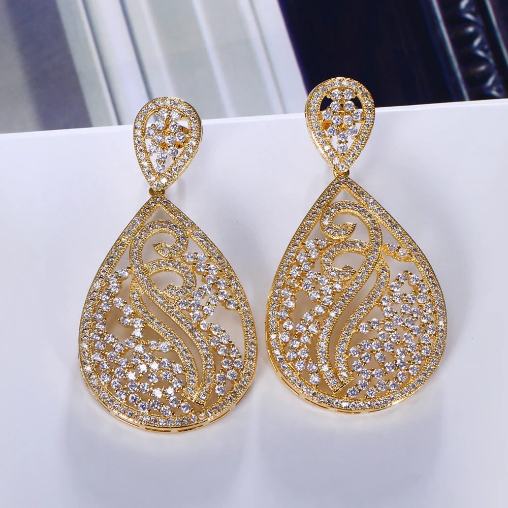 53mm Big Long Earrings Luxury Jewelry Gold and White Color Bijuteria Feminina Crystal Women CZ Earring for Wedding