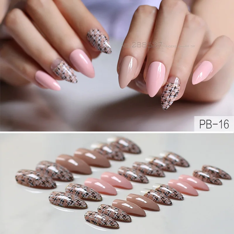 Поддельные ногти набор розовый стилет искусственные ногти 24 шт миндалевидной формы обнаженные накладные ногти красный острый кончик для украшения ногтей - Цвет: PB-16