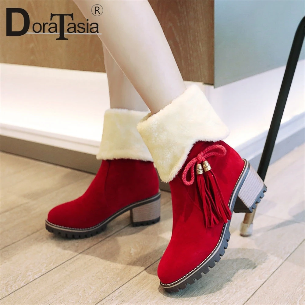 

DoraTasia New Snow Boots Solid Wide High Heels Fringe Shoes Woman Casual women's Winter Warm Warm Fur Ankle Boots Big Size 33-43