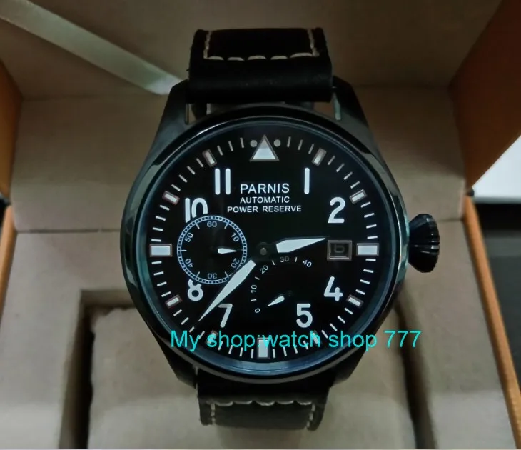 

47mm PARNIS power reserve Automatic Self-Wind Mechanical movement men's watch Black dial PVD case luminous dfzd139A