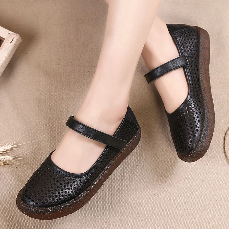 

FSJ Genuine Leather Unique Woman Flats Sewing Summer Spring 2019 Casual Mary Janes Solid Retro Mature Hook&Loop