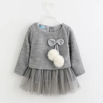 

New Autumn Baby Girls Clothes Cotton Cute Bow-knot Solid Baby Girls O-Neck Long Sleeves Bow-knot Dress