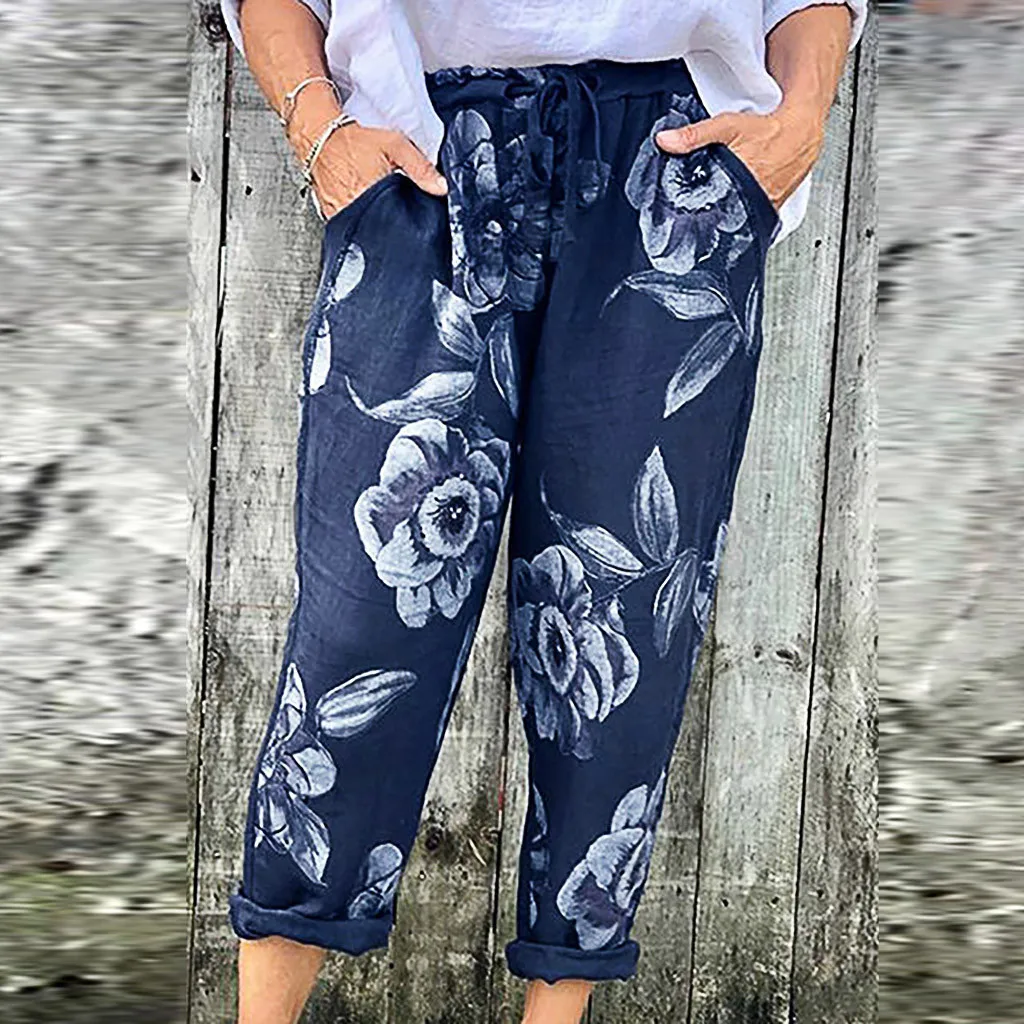 Большие размеры брюки женские брюки длинные брюки летние Boho Цветочные брюки карманные свободные брюки уличная Pantalon Femme Pantalones Mujer