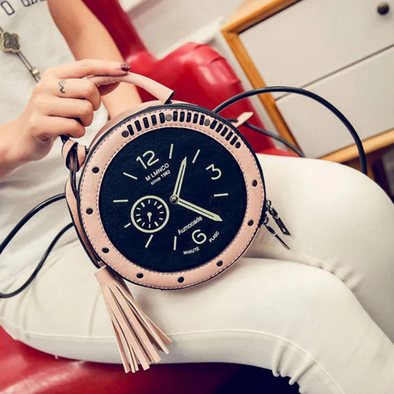 New Women Tassel Clock Shoulder Bag INS Popular Fashion Female Circle Handbag Mini Travel Lady Rivet PU Handle Crossbody SS3483 (8)