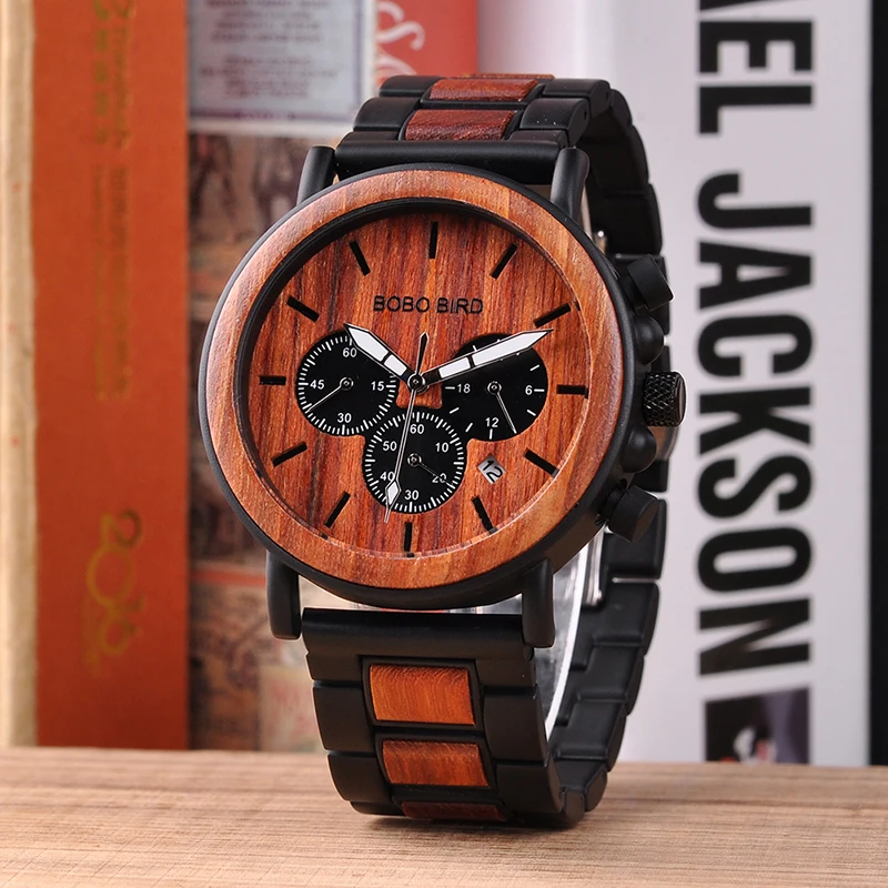 BOBO BIRD V-P09-3 Luxury Unique Wood Dial Watches Men Clock Functional Stop Watch saat with Date Display