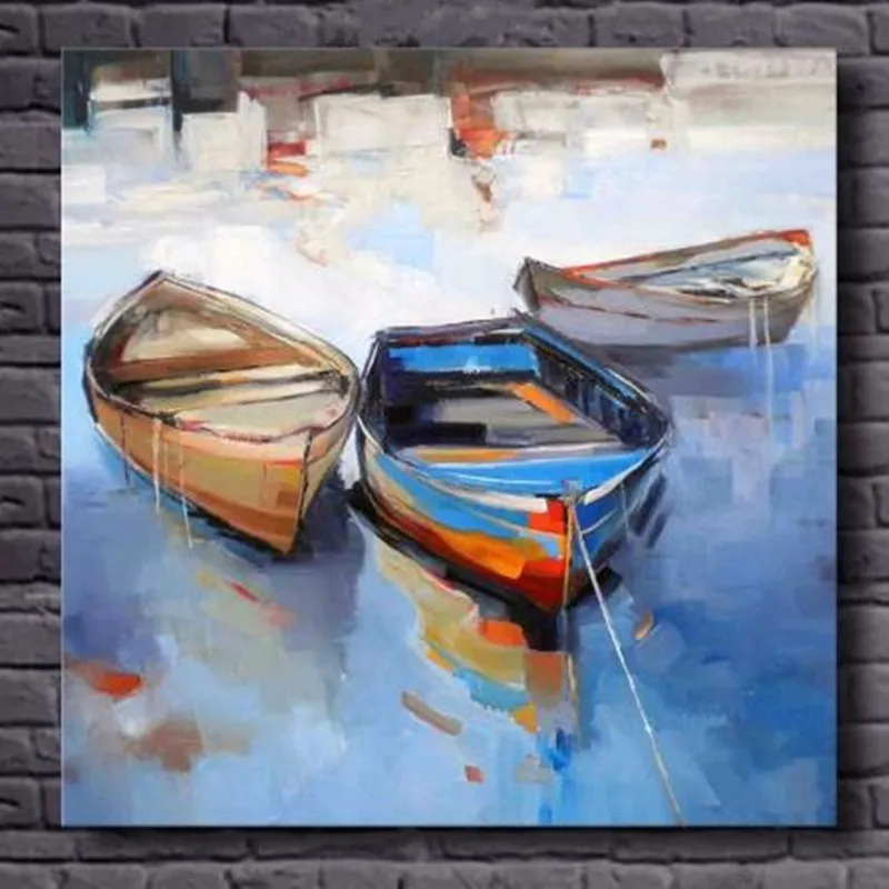 

Hand Painted Abstract Landscape Oil Paintings Large Knife River Boats Pictures Handmade Boat Canvas Painting Home Decor Wall Art