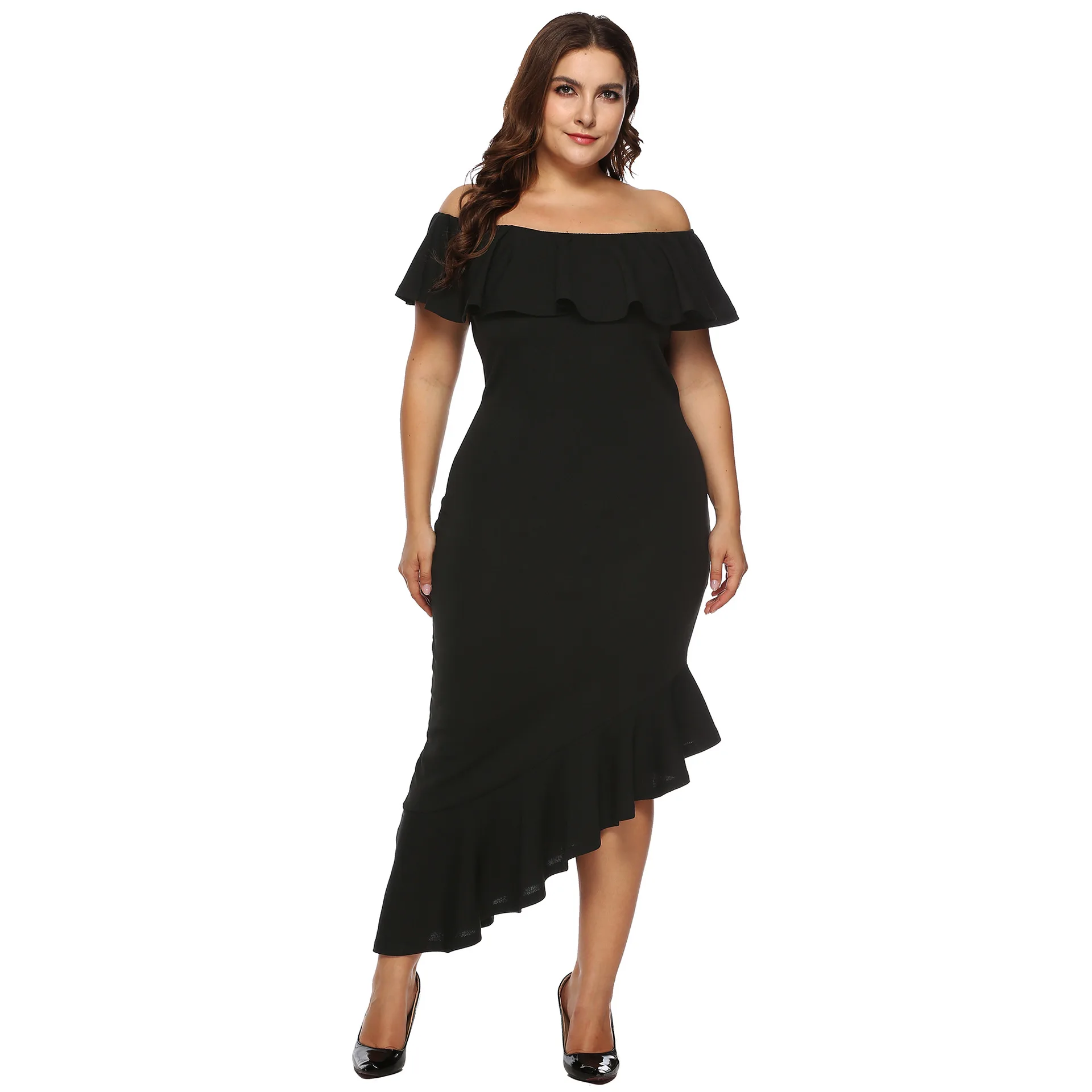 Vangull женское платье плюс размер платье с оборками Дамское Платье с вырезом лодочкой с открытыми плечами ретро черный по щиколотку платье Новое Vestido