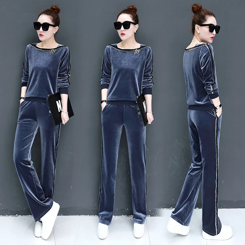 woman suit 2018 autumn and winter new casual gold velvet long-sleeved clothes + fashion slim trousers wild temperament two-piece Women's Sets