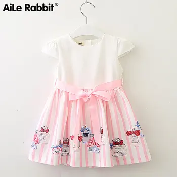 

AiLe Rabbit Han Edition Girls Dress In Summer Paragraph 18 New Perfume Bottles Stripes Hubble-bubble Sleeve Splicing Sundress k1
