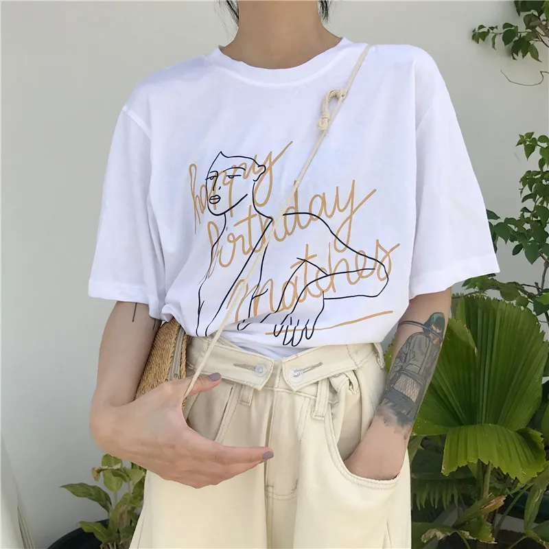 KYMAKUTU Chic иероглиф Hipster футболки с круглым вырезом короткий рукав Для женщин