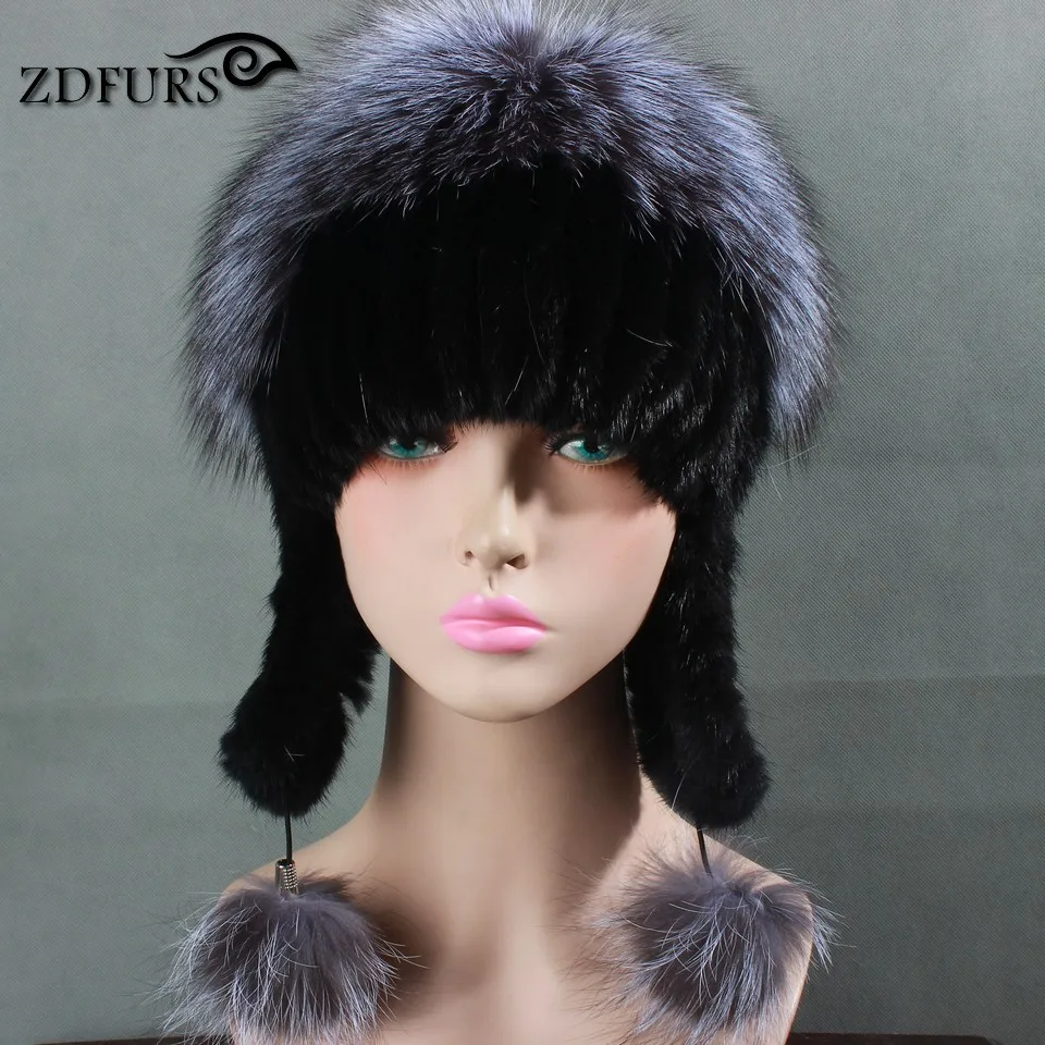

Glaforny 2017 New Style Knitted Mink Fur Hats Women Warm Fur Bomber Hats with Silver Fox Fur Tops Winter Ear Protect Fur Caps