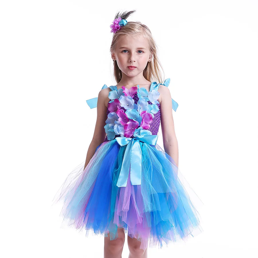 Girls Princess Peacock Flower Tutu Dress Children Handmade Purple and Blue Tulle (1)