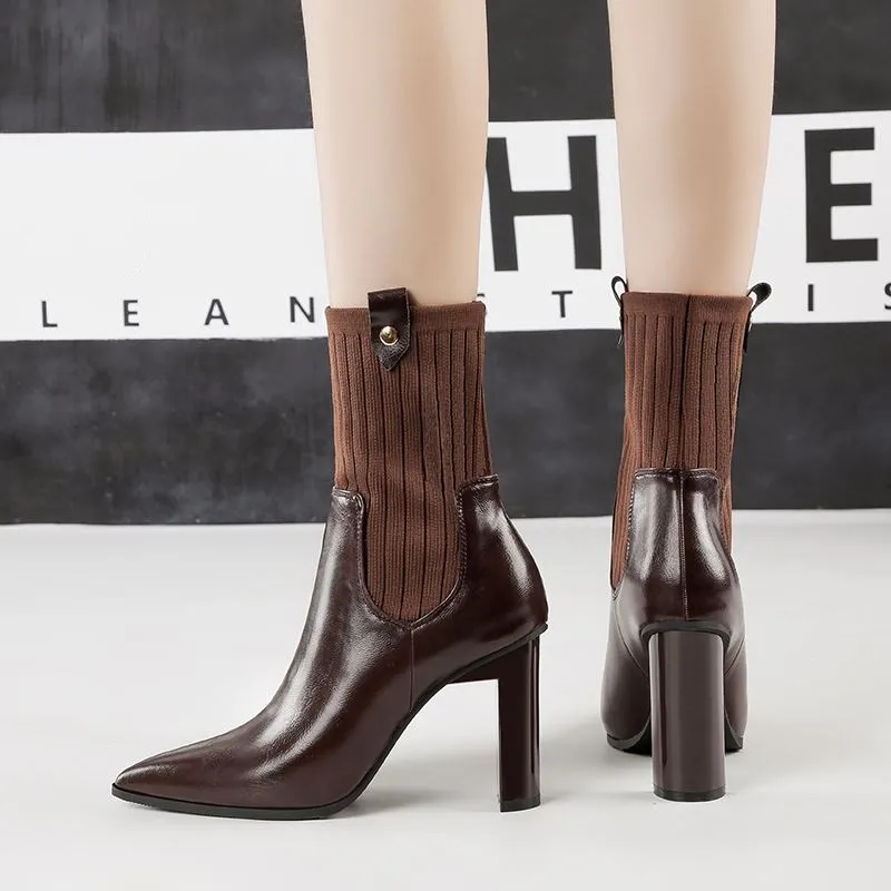 

EOEODOIT High Chunky Heel Sock Boots Fashion Autumn Winter Leather Pumps Shoes High Quality Women Mid Calf Sexy Chelsea Booties