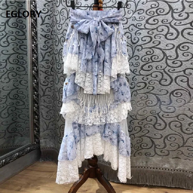 

Top Quality Designer 2019 Spring Summer Long Party Evening Skirts Women Lace Embroidery Cascading Ruffle Long Maxi Skirts Tassel
