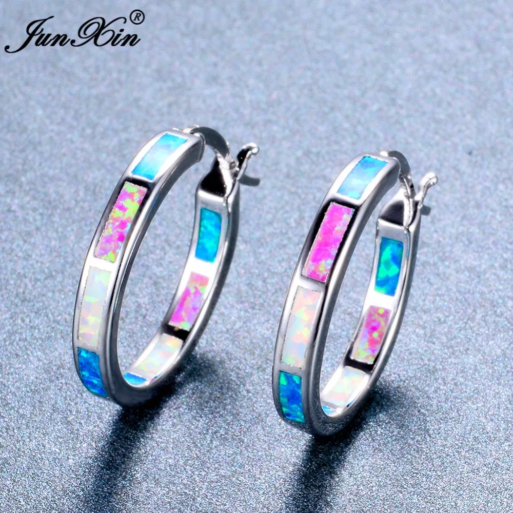 

JUNXIN Boho Women Round Fire Opal Earring 925 Sterling Silver Filled Hoop Earrings For Women Fashion Jewelry Double Earrings
