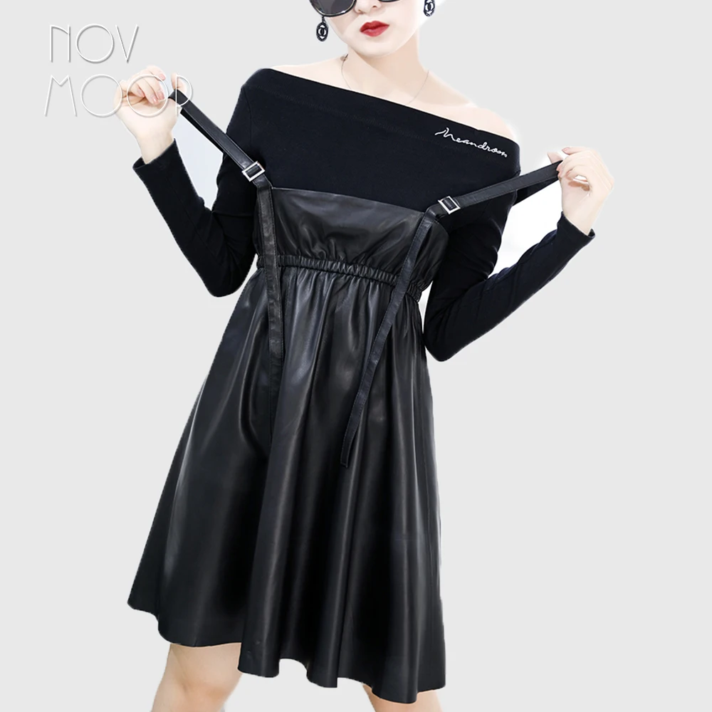Новинка осень-весна, женское черное платье из натуральной овечьей кожи с регулируемым ремешком, платье трапециевидной формы jurken robe LT2587