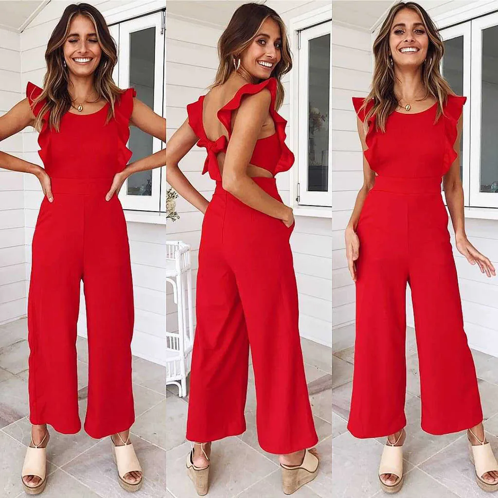 feitong Women Solid Color Sleeveless Dinner Evening Party Playsuit Romper playSuit Sexy Matching Sets solid color jumpsuit#g25