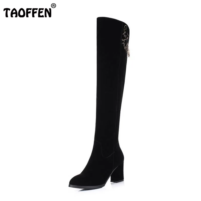 

TAOFFEN Women Over Knee Boots High Heel Boots Flower Zipper Boots With Warm Fur Shoes Winter Boots Women Footwears Size 34-40